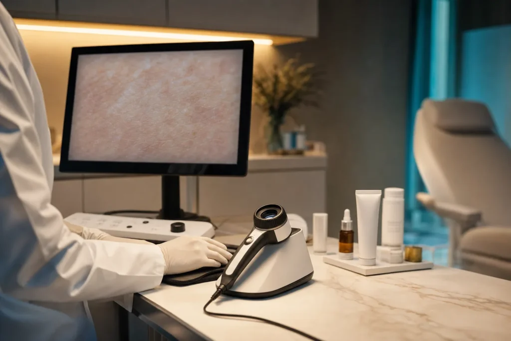 Dermatology bench with a dermatoscope and skin-imaging monitor.