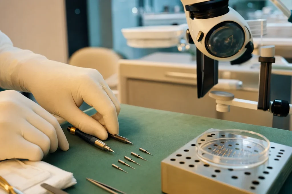 Implanter pen and FUE punches with a loupe on a clinic tray.