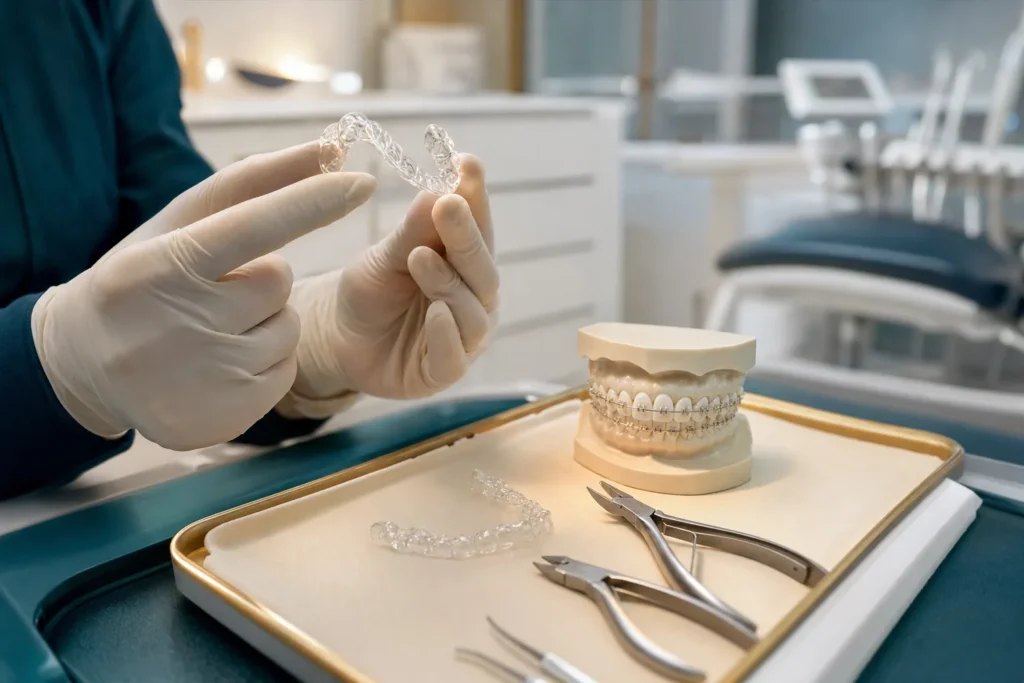 Clear aligners and an orthodontic model on a dental tray.