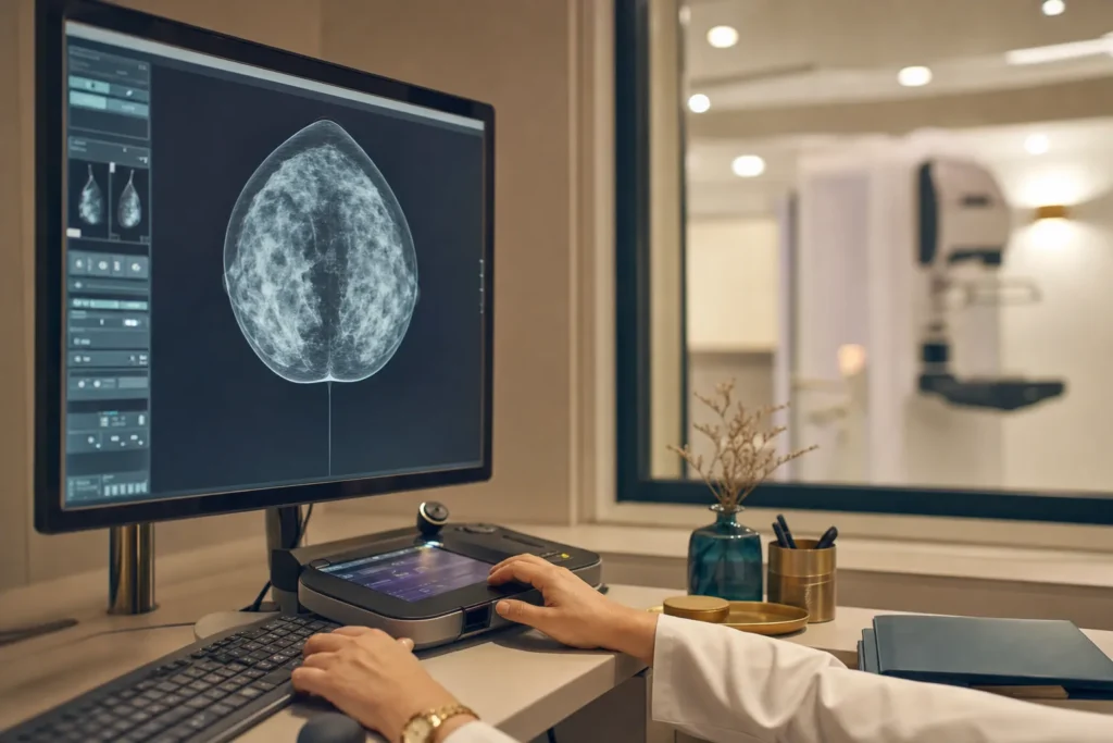 Breast-imaging reading room with mammography review on a monitor.