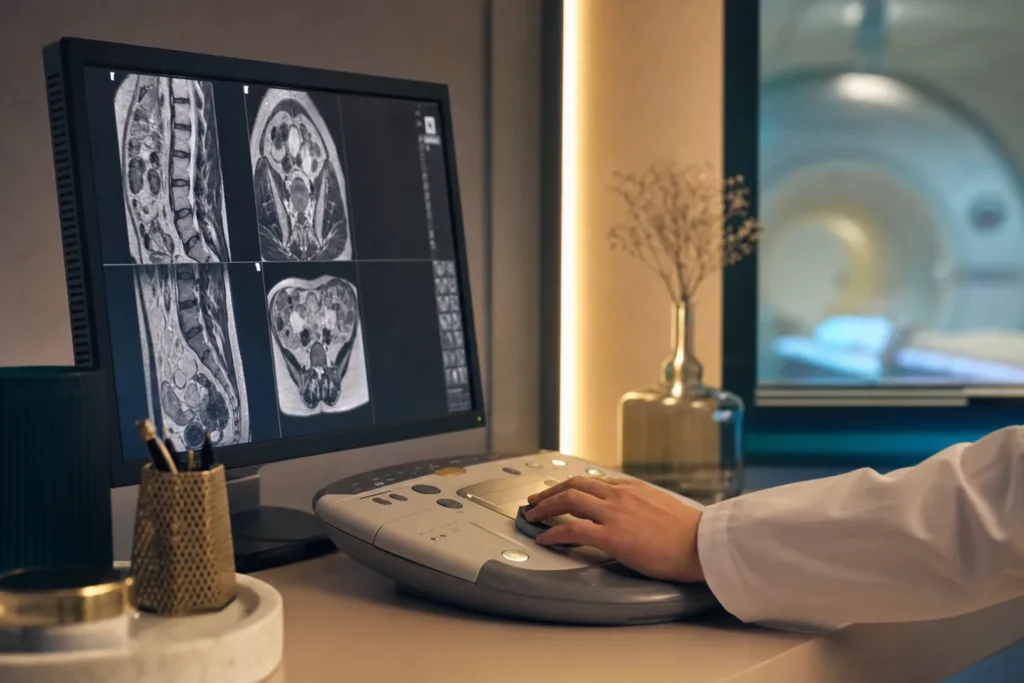 Gynecologic-oncology imaging review on a radiology monitor.