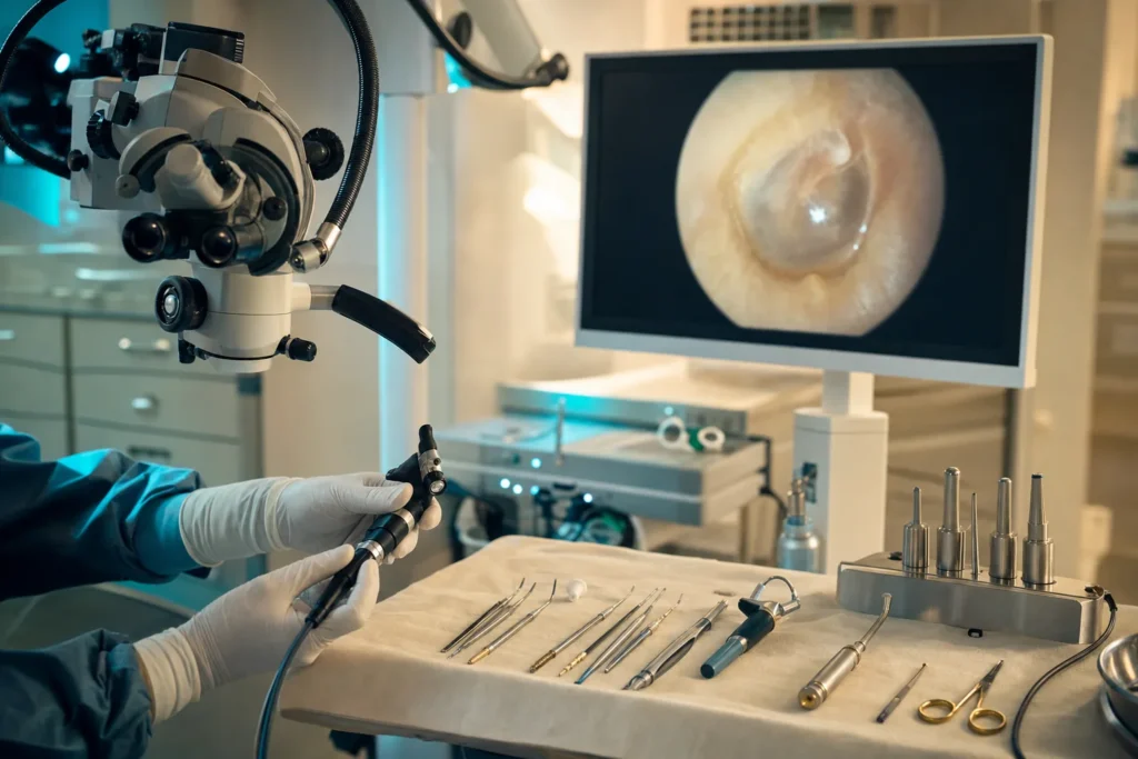 Otology bench with operating microscope and otoscopy monitor.
