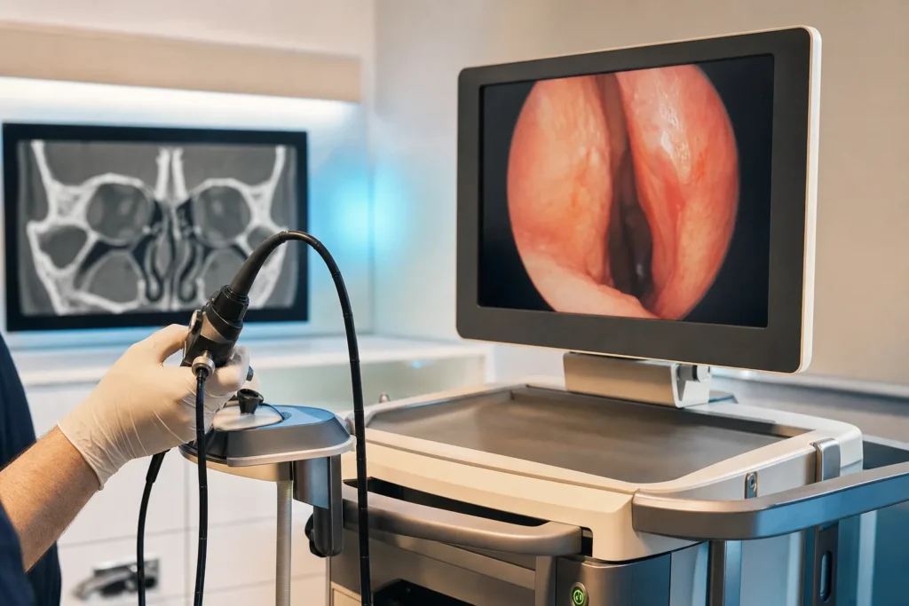 ENT endoscopy station with sinus imaging on monitors.