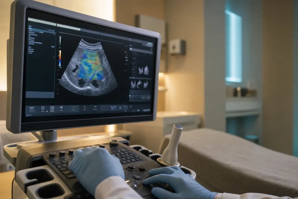Hepatology imaging station reviewing liver ultrasound.