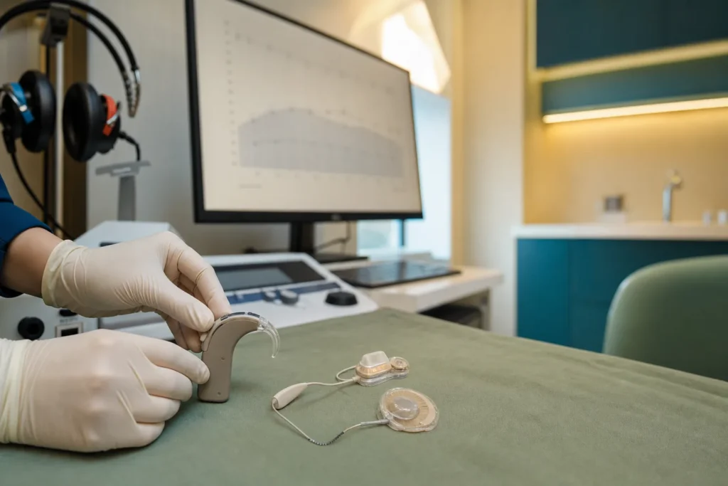 Cochlear implant device and audiometry equipment on a tray.