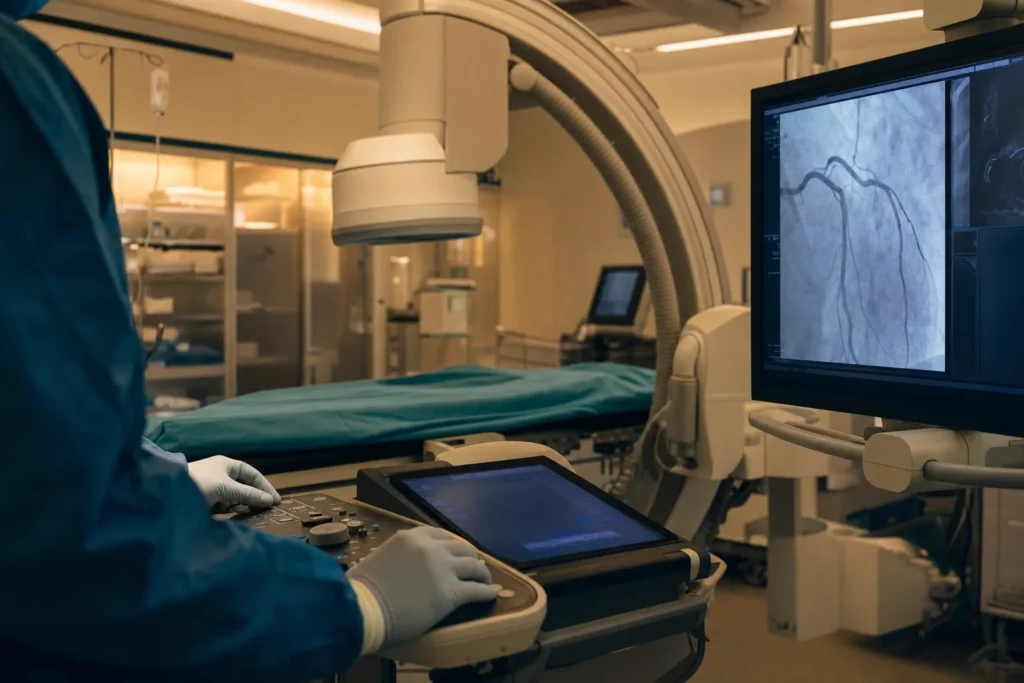 Cardiac catheterisation lab with coronary angiogram on a monitor.