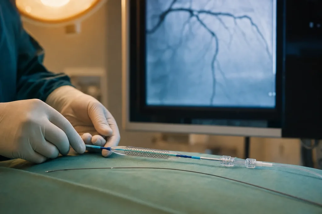 Coronary stent and guidewire prepared in a catheterisation lab.