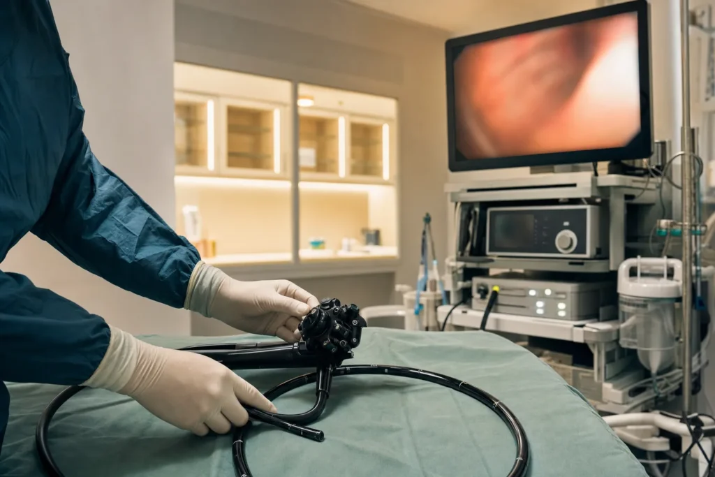 Endoscopy suite with a colonoscopy tower prepared for a procedure.