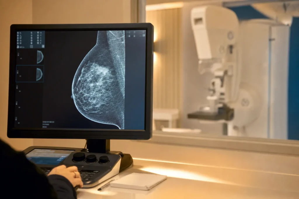 Mammography review of in-situ findings on a radiology monitor.