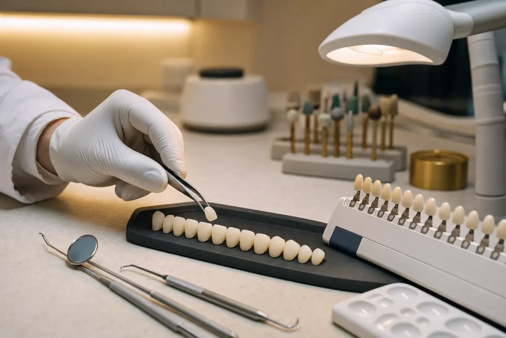 Ceramic dental veneers and a shade guide on a clinic tray.