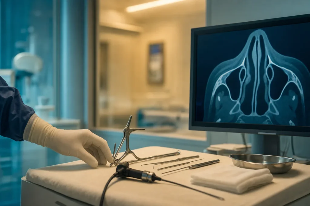 ENT planning station with nasal speculum and anatomy imaging.