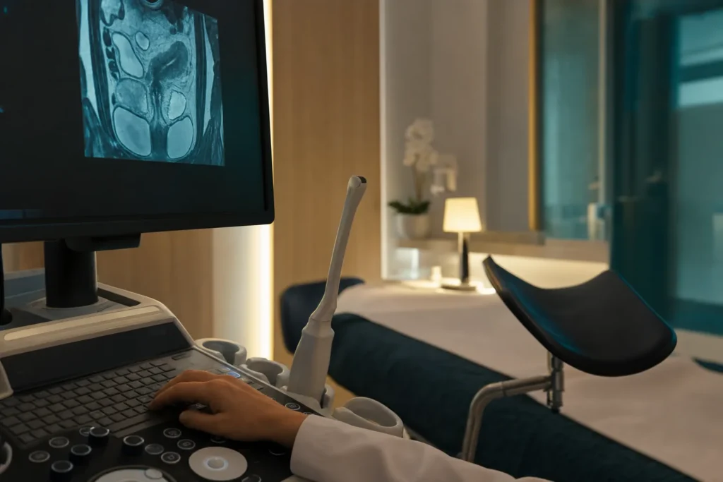 Women's-health imaging station reviewing pelvic imaging.
