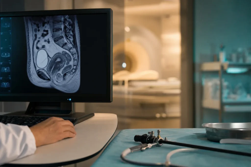Gynecology imaging station reviewing a pelvic MRI.