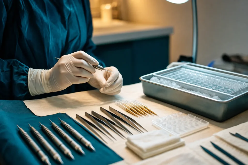 Hair-restoration instruments and graft tray under a clinic light.
