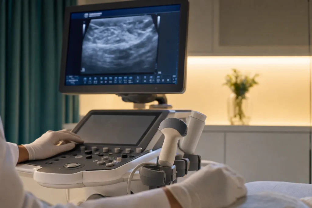 Breast-ultrasound suite with probe and sonographic image on screen.