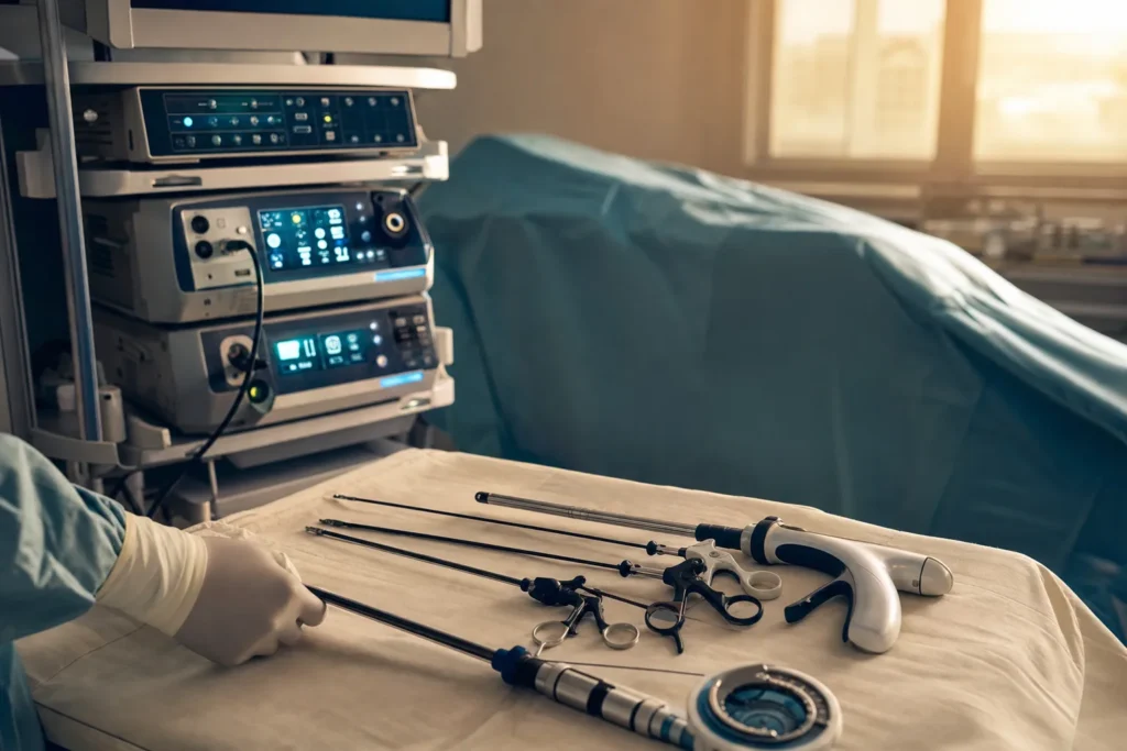 Laparoscopic instruments and stapler arranged for gastric bypass surgery.