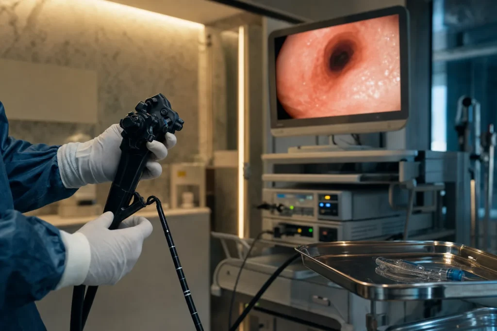 Upper-GI endoscopy suite prepared for a gastroscopy.