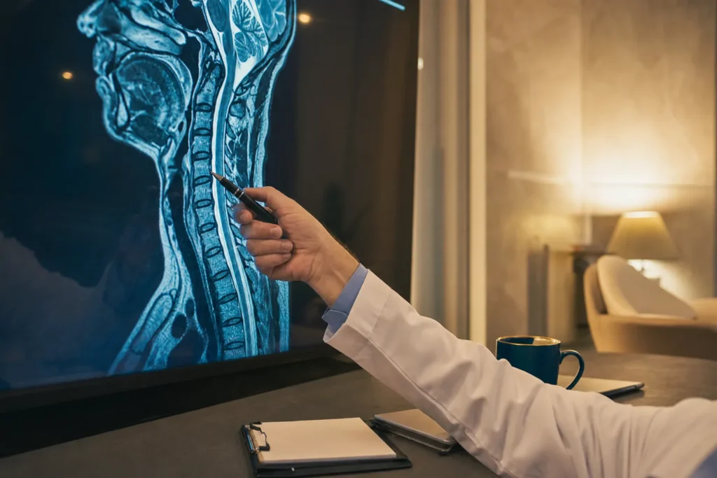 Head-and-neck tumour-board review with imaging on a display.