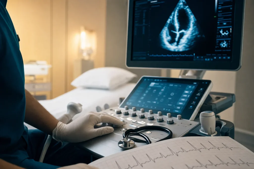 Cardiology assessment room with echocardiography and ECG.