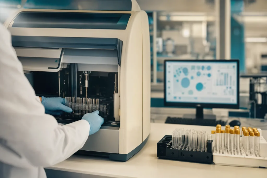 Virology laboratory with an automated analyser and sample tubes.