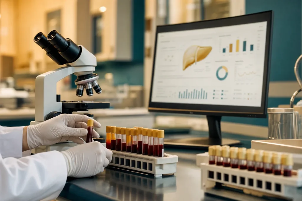 Hepatology laboratory with microscope and blood-sample tubes.