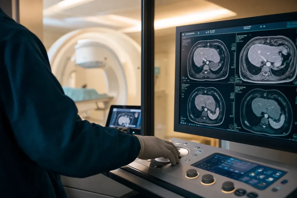 Interventional radiology suite reviewing liver imaging.