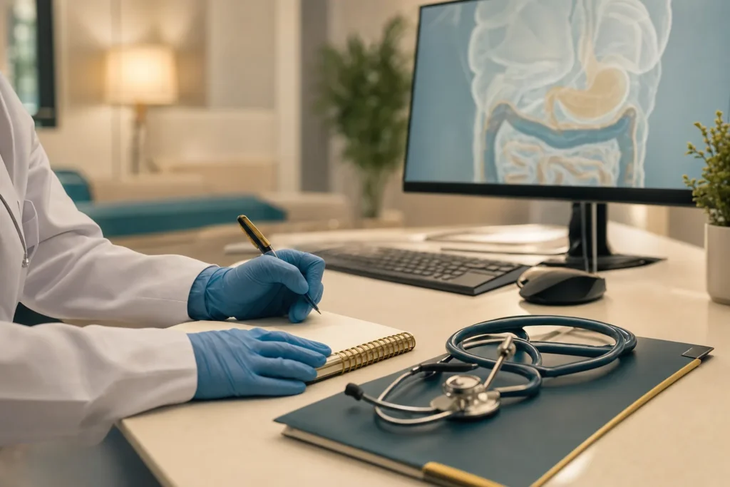 Gastroenterology consultation bench with a stethoscope and screen.
