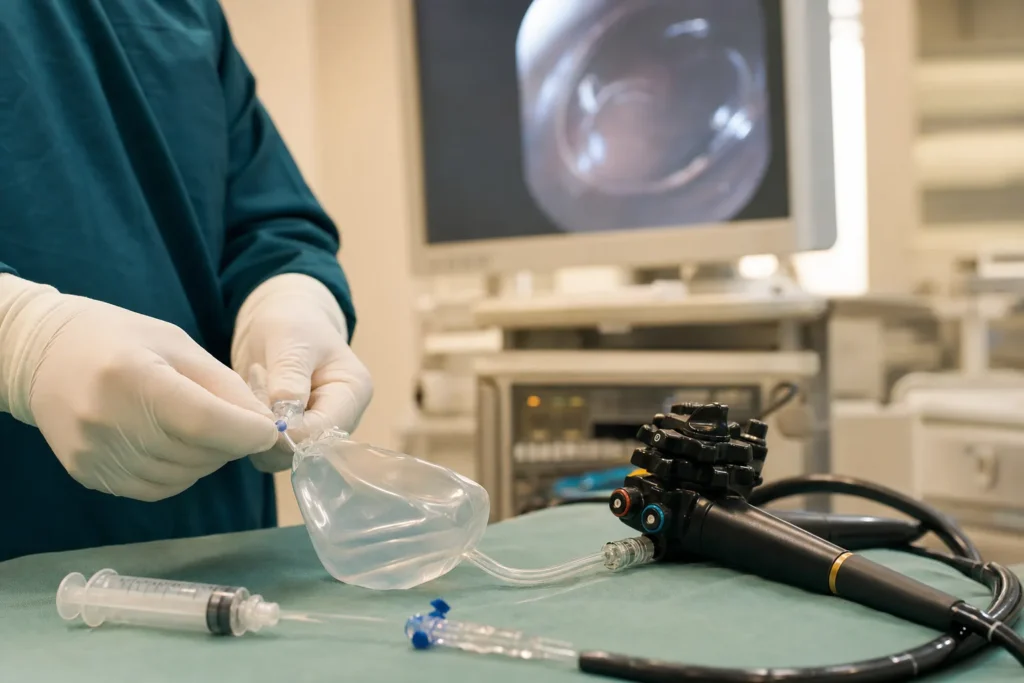 Intragastric balloon device and gastroscope prepared on a clinic tray.