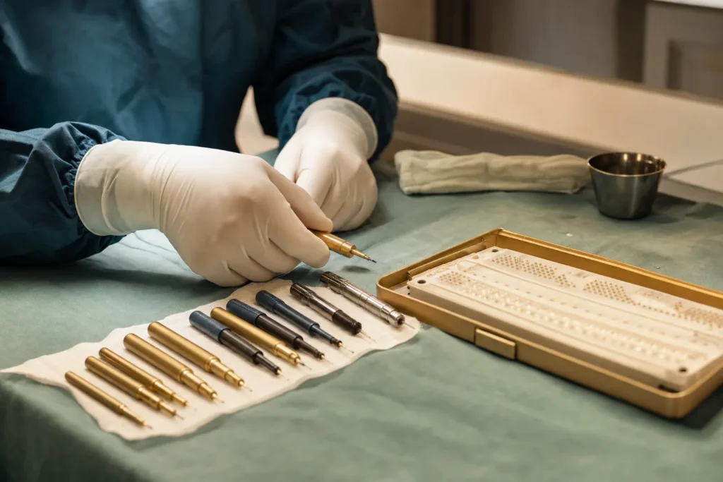 FUE punch tools, implanter pens and graft tray on a clinic tray.