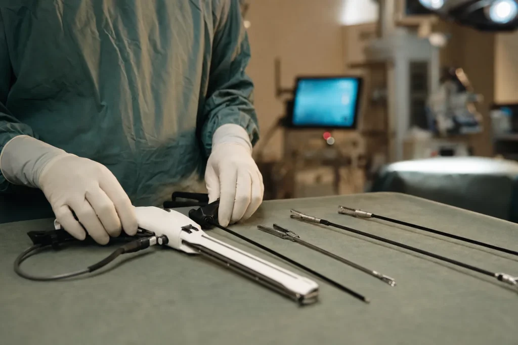 Laparoscopic stapler and instruments laid out for mini-gastric bypass.