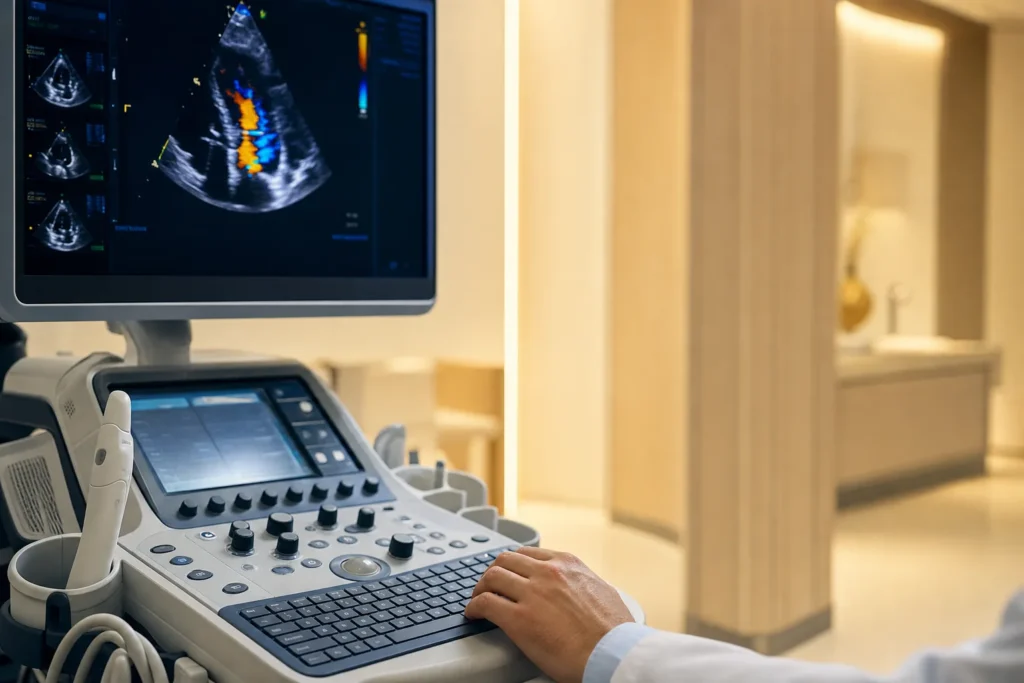 Echocardiography review station for mitral valve assessment.
