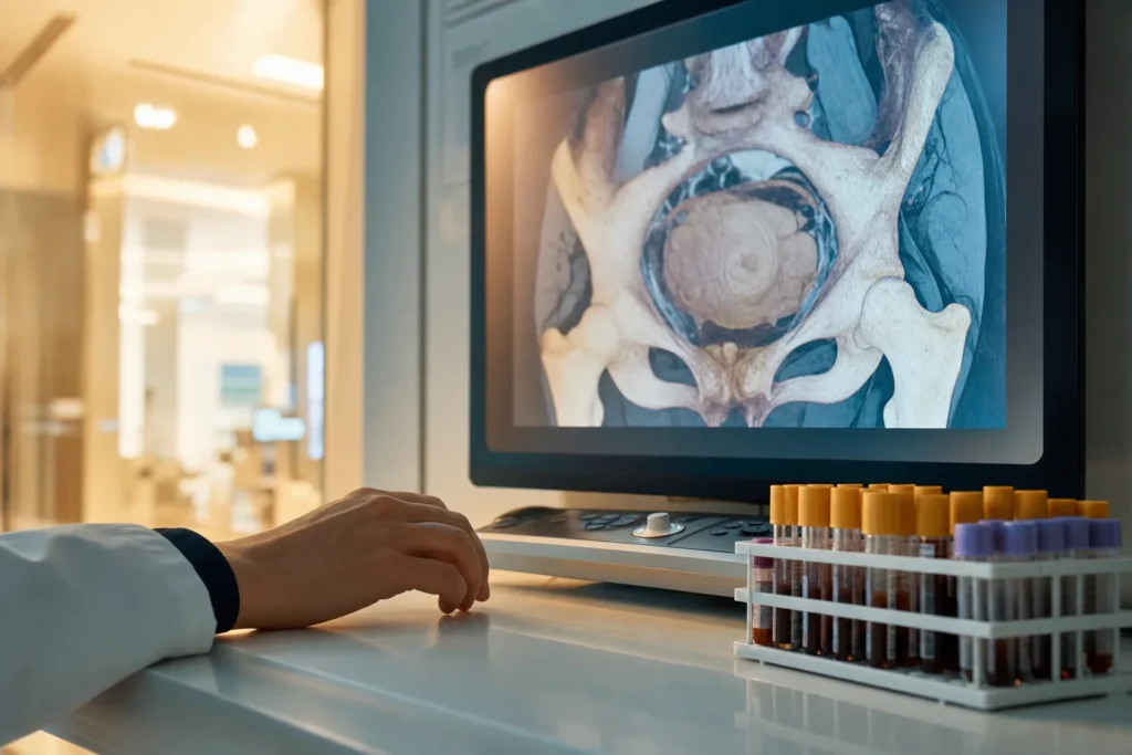 Gynecologic-oncology review with pelvic imaging and lab samples.