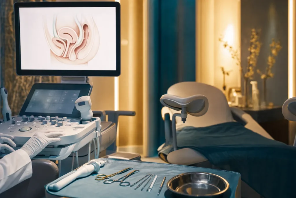 Urogynecology consultation room with imaging and instruments.