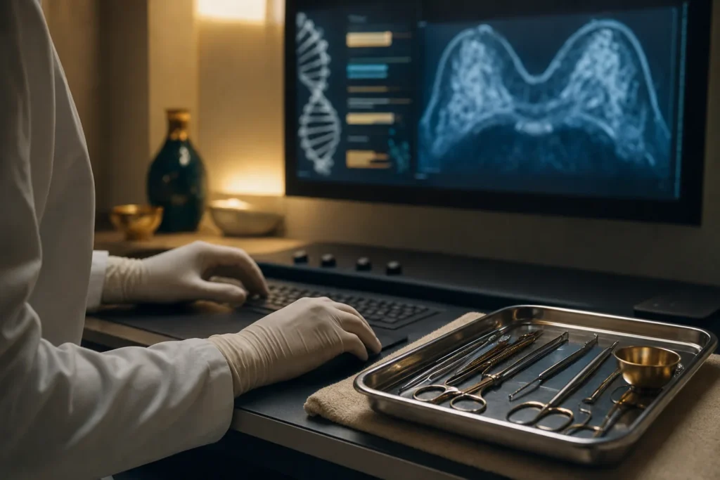 Surgical planning station for prophylactic mastectomy with imaging and instruments.