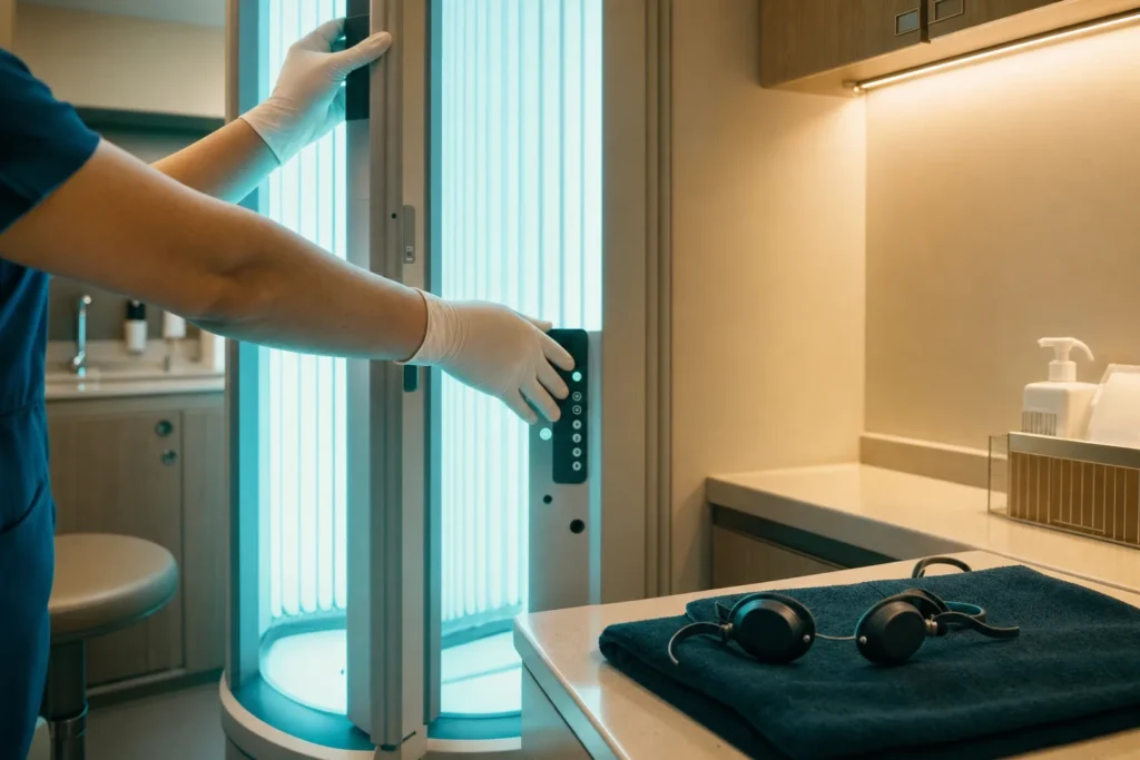Dermatology phototherapy cabinet and goggles in a clinic.