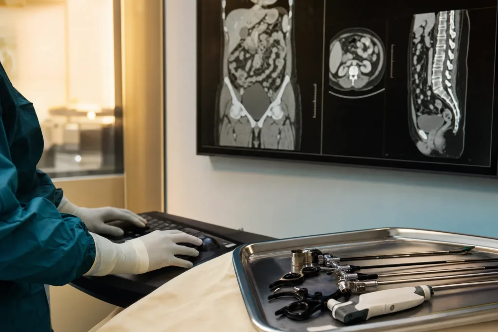 Revision bariatric surgery planning with imaging and laparoscopic instruments.