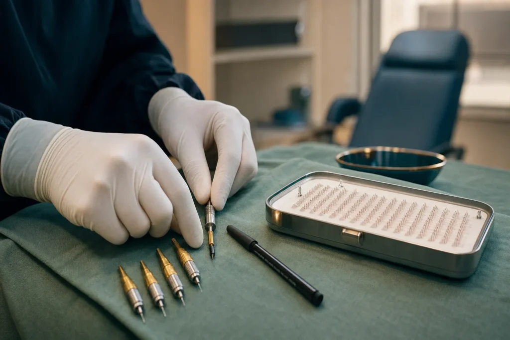 Hair-restoration instruments and marking pen on a clinic tray.