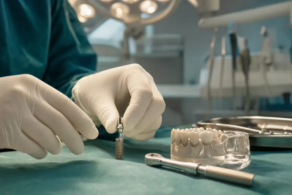 Single titanium dental implant and instruments on a tray.