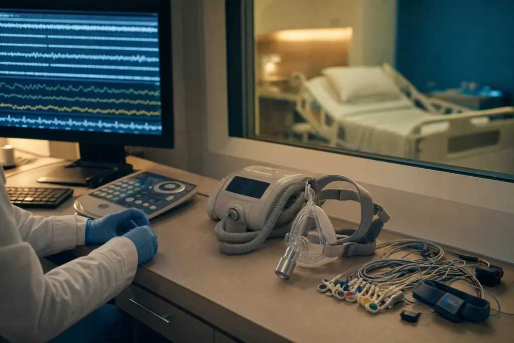 Sleep-lab control room with polysomnography monitor and CPAP mask.