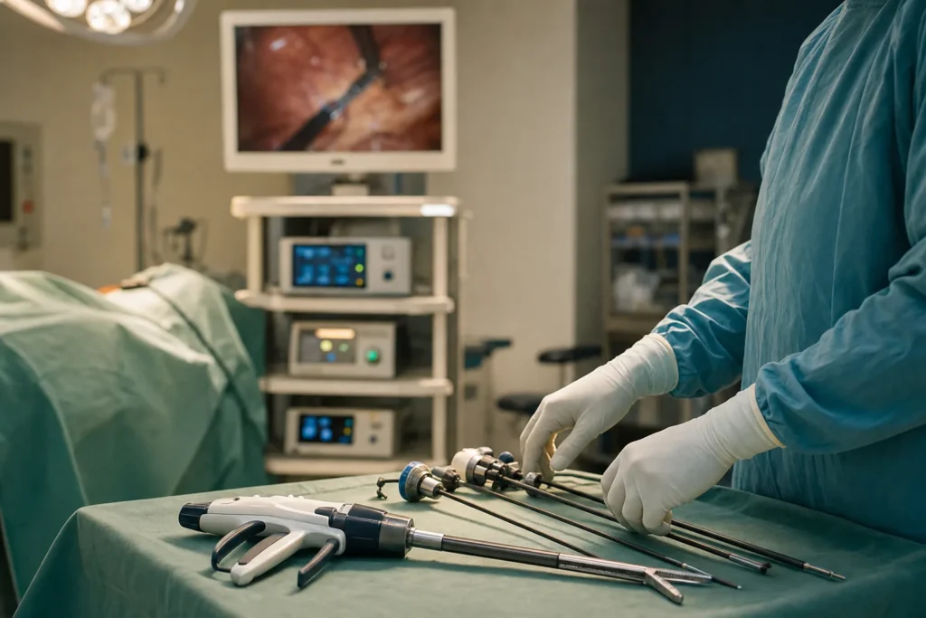 Laparoscopic tower and surgical stapler prepared for sleeve gastrectomy.