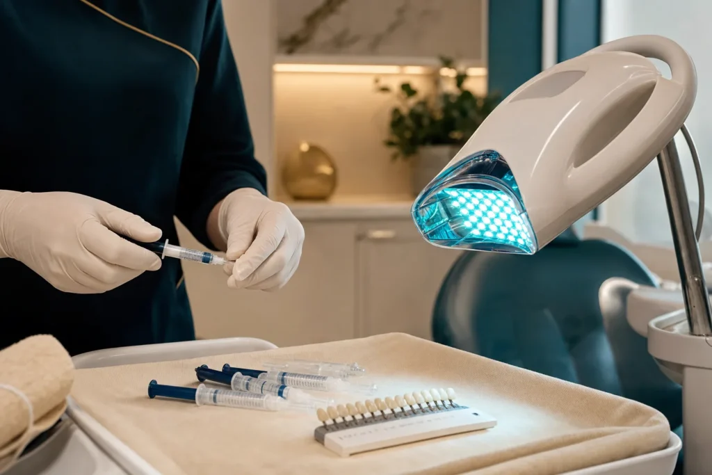 Teeth-whitening LED unit and shade guide in a dental clinic.