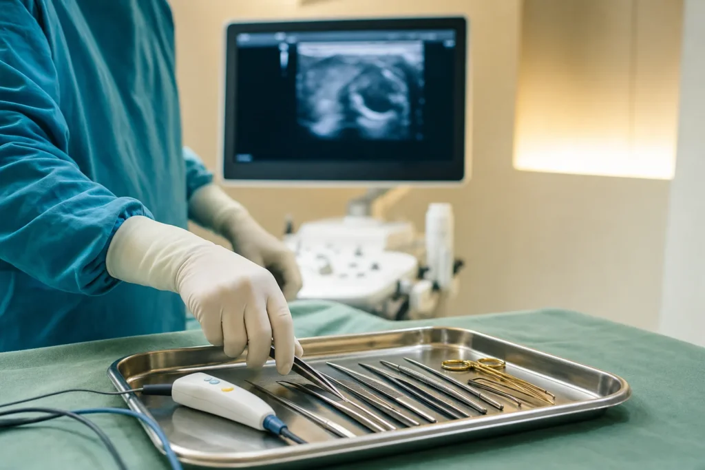 Thyroid surgery instrument tray with nerve monitor and ultrasound.