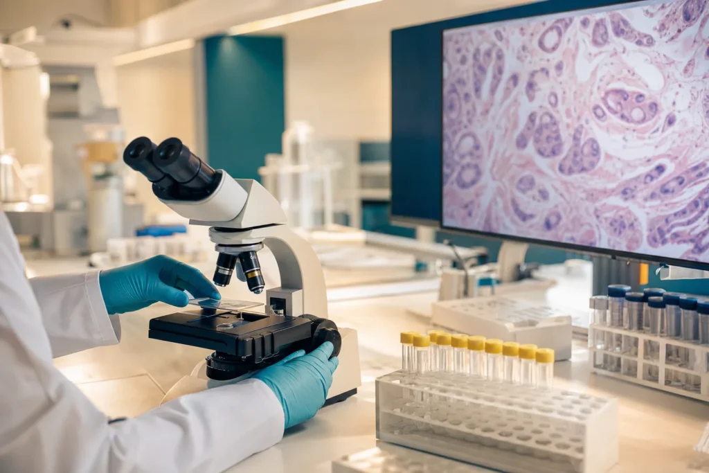 Pathology laboratory with microscope and tissue-slide analysis.