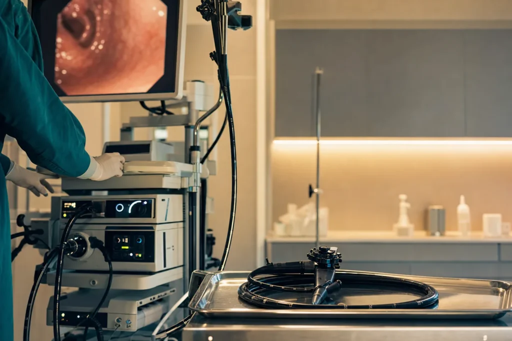 Colonoscopy suite with endoscope and display prepared.