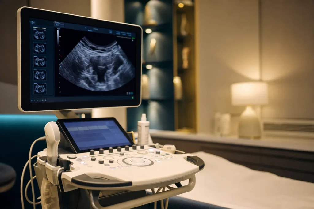 Women's-health imaging review of pelvic ultrasound on a monitor.