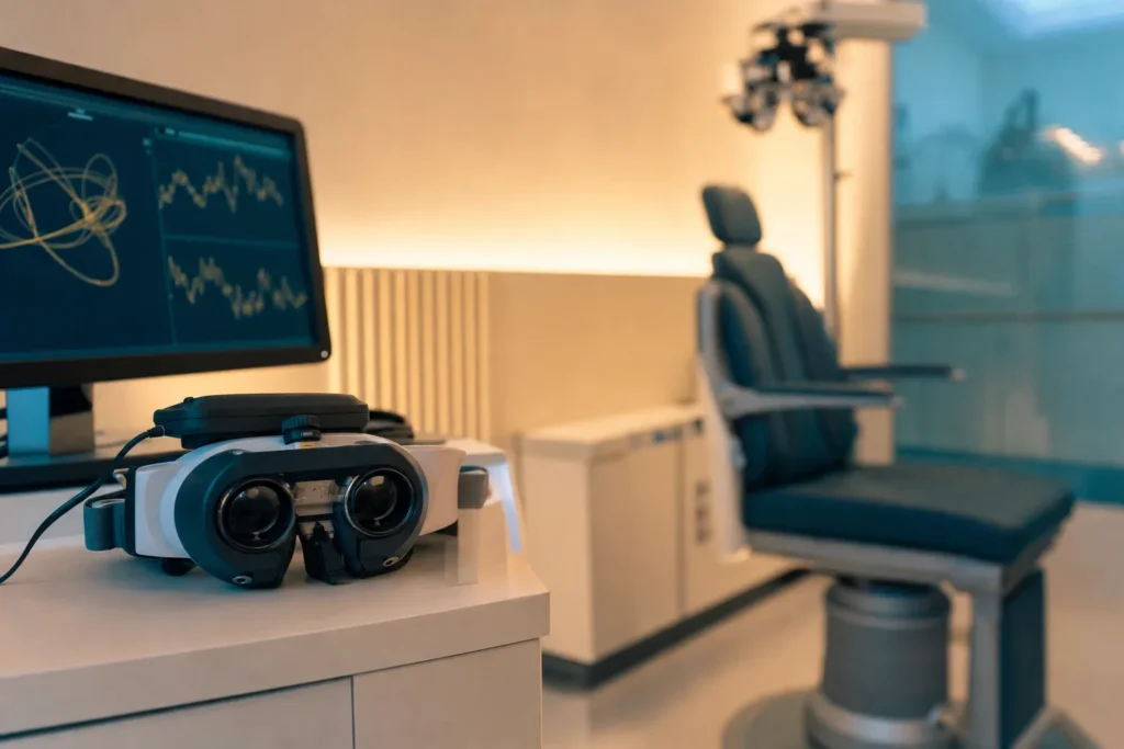 Vestibular testing suite with VNG goggles and balance monitor.