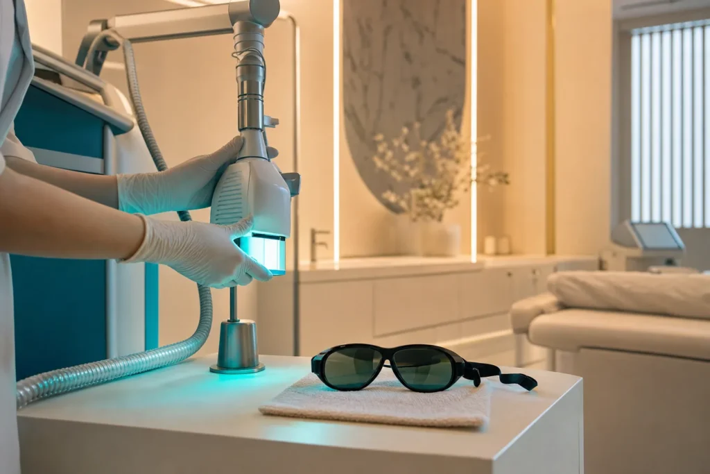 Targeted phototherapy device and goggles in a dermatology suite.