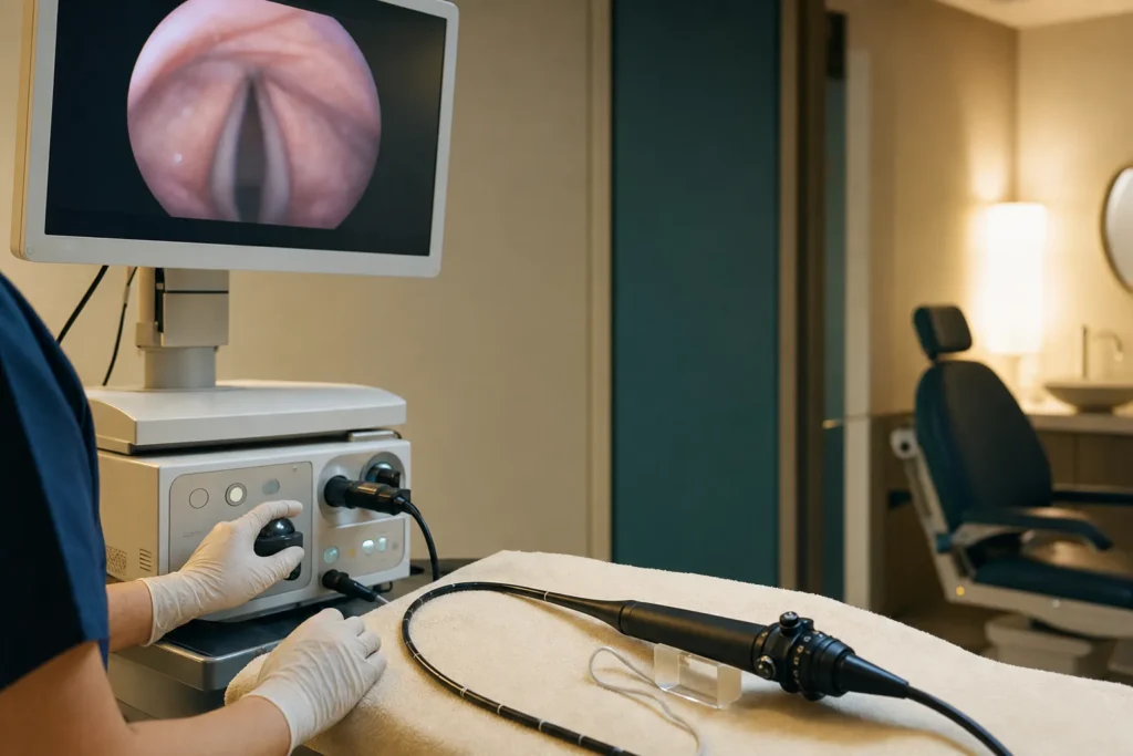 Laryngology station with videostroboscopy and a laryngoscope.