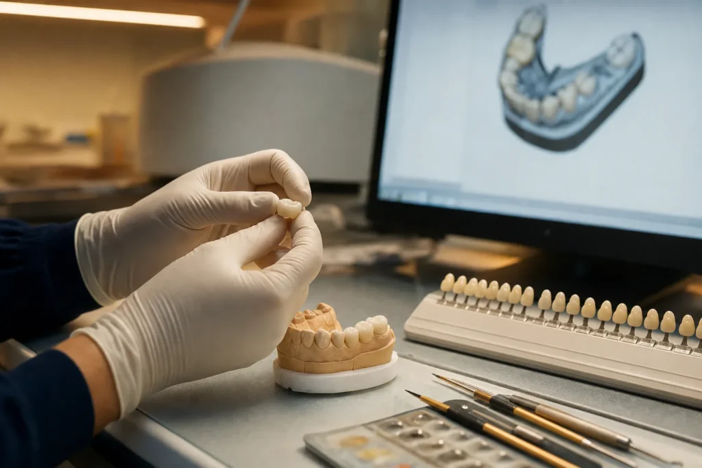 Zirconia crowns on a dental model with lab instruments.