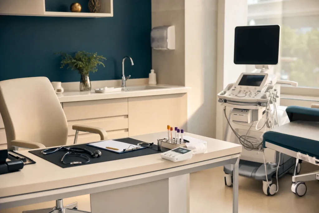 Outpatient basic check-up room with BP cuff, ultrasound and ECG.